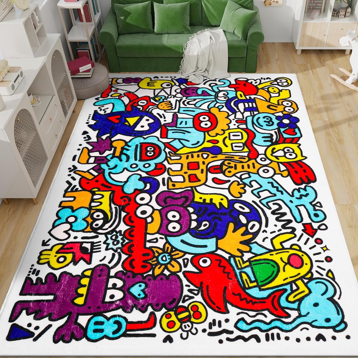 Colorful Graffiti Kids Rugs 59"x39.4" Area Rug Washable TPR Non-Slip Play Mat for Babies Infants Bedroom Playroom