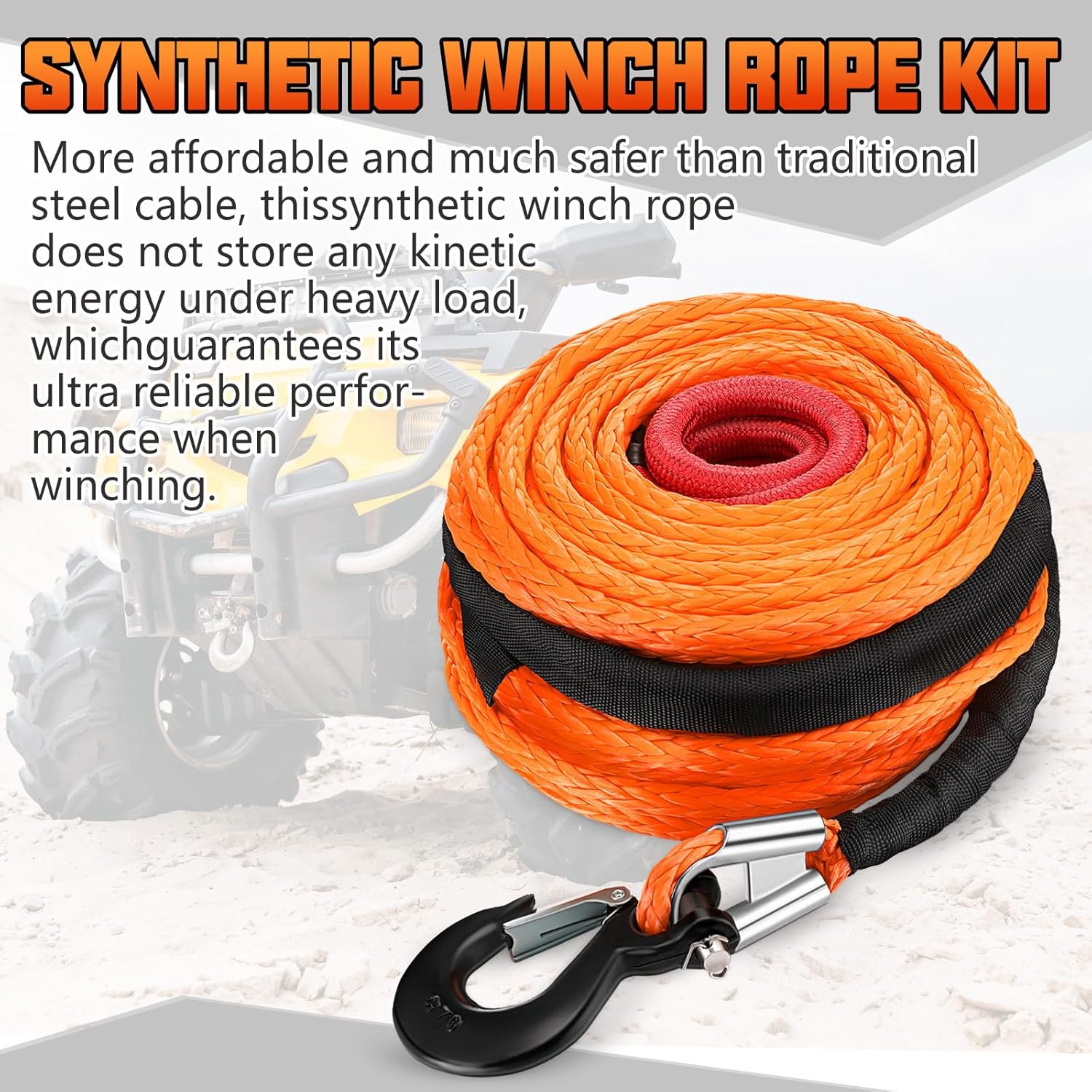 Marsui 1/2" x 100 ft Synthetic Winch Rope Cable Kit, 32000lbs Winch Line with Protective Sleeve Forged Hook Replacement Safety Pull Strap for 4WD Vehicle Truck ATV UTV SUV (Orange)