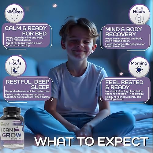 Miniatura 4 de I Can Grow Night-Time Kids 10+ & Adults  Ayuda natural para dormir para un máximo crecimiento  Bisglicinato de magnesio  Crecimiento mientras duerme