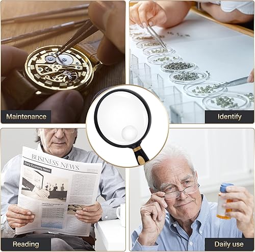 Miniatura 7 de Feosky Lupa de lectura de mano, lupa de 10 x 30X, lente inastillable de 2.953 in, mango antideslizante para adultos cercanos, lectura de personas
