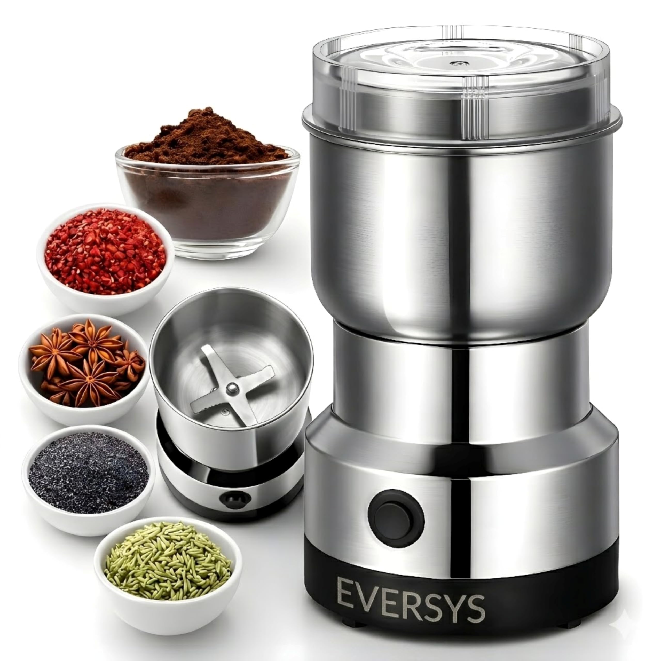andrew james Spice Grinder Electric 150W | Mini Mixer Grinder Small Size for Coffee Beans, Masala & Dry Grinding | EVERSYS Portable Mini Grinders Machine for Kitchen with Approx. 100g Capacity