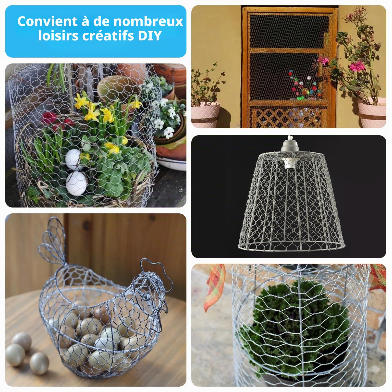 NVIYAM Grillage à poules, lapins, potager 0,4 x 6 m, Grillage Hexagonal Galvanisé, Treillis Métallique, grillage galvanisé, Grillage Voliere avec Pince Coupante et Gants, pour Poulailler, jardinage