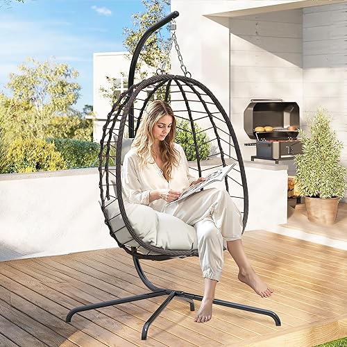 Miniatura 2 de LEX CRAFT Silla colgante de huevo con soporte, silla de huevo oscilante para exteriores e interiores, silla colgante con cojín, silla hamaca de