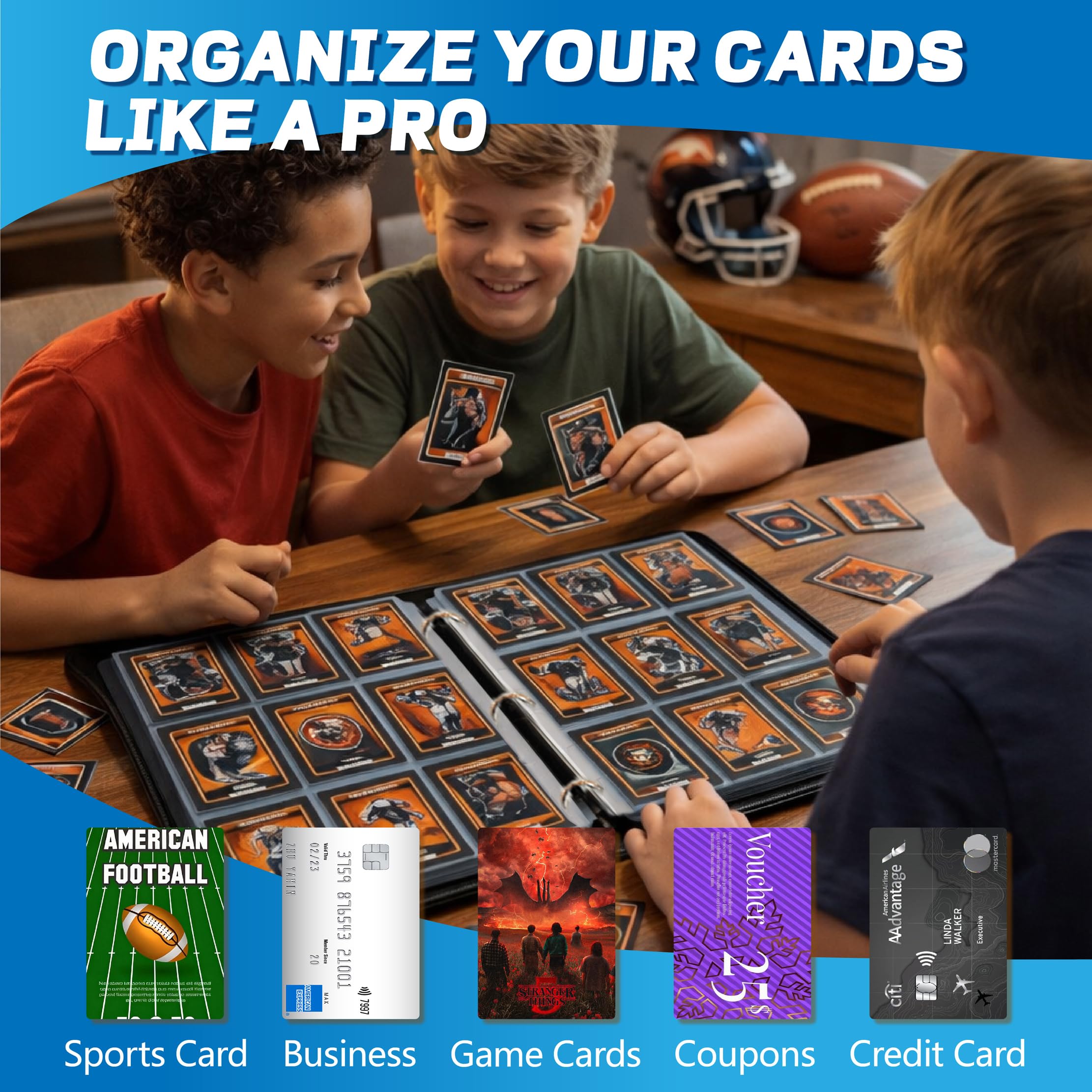 XS04 Classeur pour cartes de football avec pochettes, 9 pochettes de protection pour cartes de football avec fermeture éclair, peut contenir 900 cartes avec 50 pochettes amovibles, étui de transport