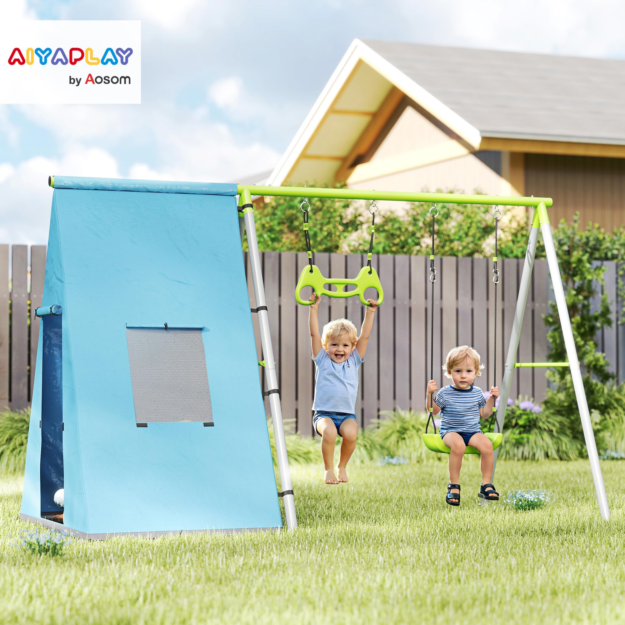 AIYAPLAY - Columpio para niños (3 años, 3 en 1, columpio de jardín, con tienda de columpio, anillos de gimnasia y marco de metal, color verde