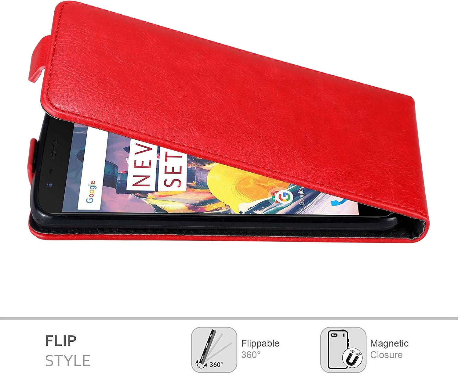 Cadorabo Case works with OnePlus 3 / 3T in APPLE RED - Flip Style Case with Magnetic Closure - Wallet Etui Cover Pouch PU Leather Flip - Image 4