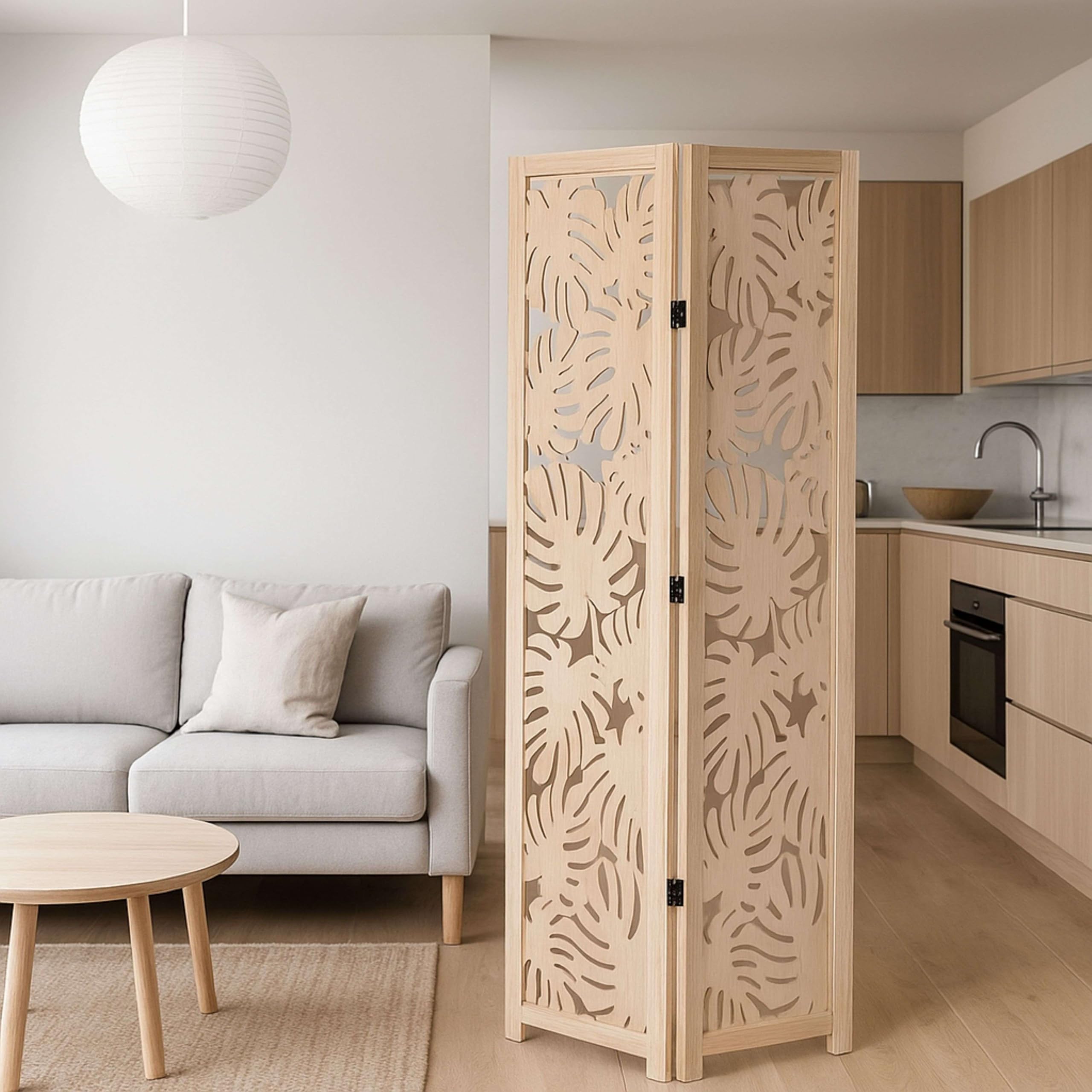 Biombo Separador De Ambientes Salón Dormitorio 3 Paneles Madera Paulownia Palm Color Roble