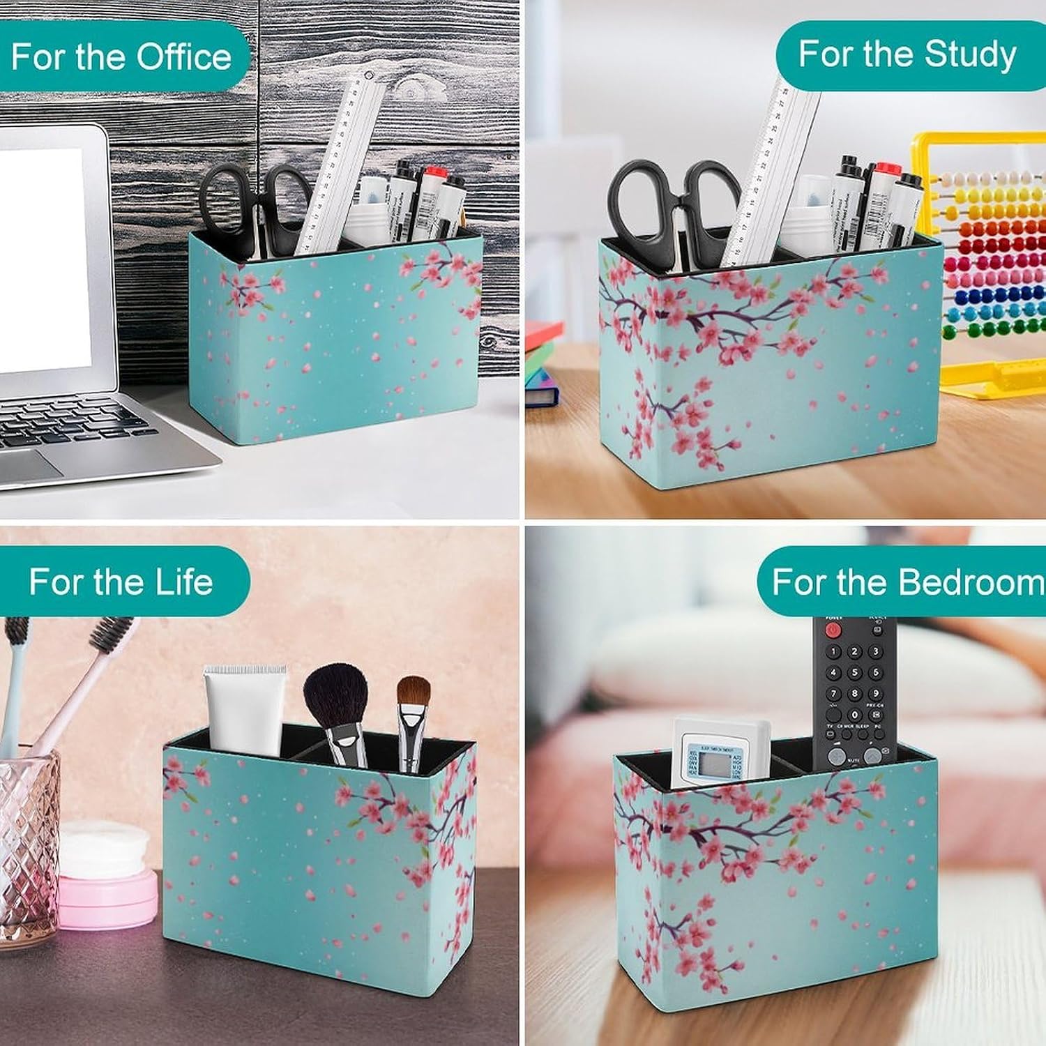 Cherry Flowers Pencil Pen Holder PU Leather Desk Storage Organizer Makeup Brush Box