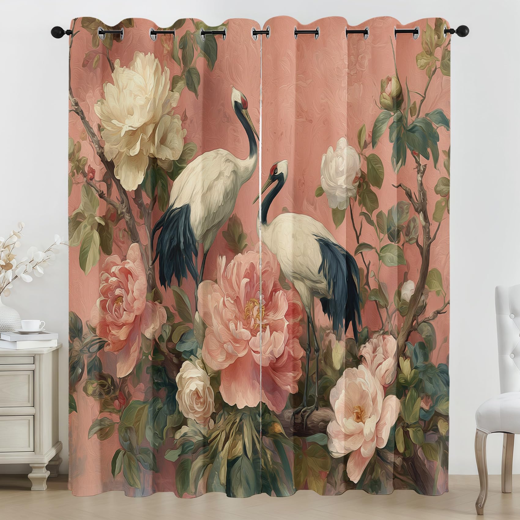 Générique Lot de 2 Rideau Occultant Oiseau Fleur Chinois, Impression Fleur de Pivoine Rideaux de Fenêtre Thermique Isolants Anti Bruit a Oeillets Rideaux Chambre Salon 140x280 cm H39y