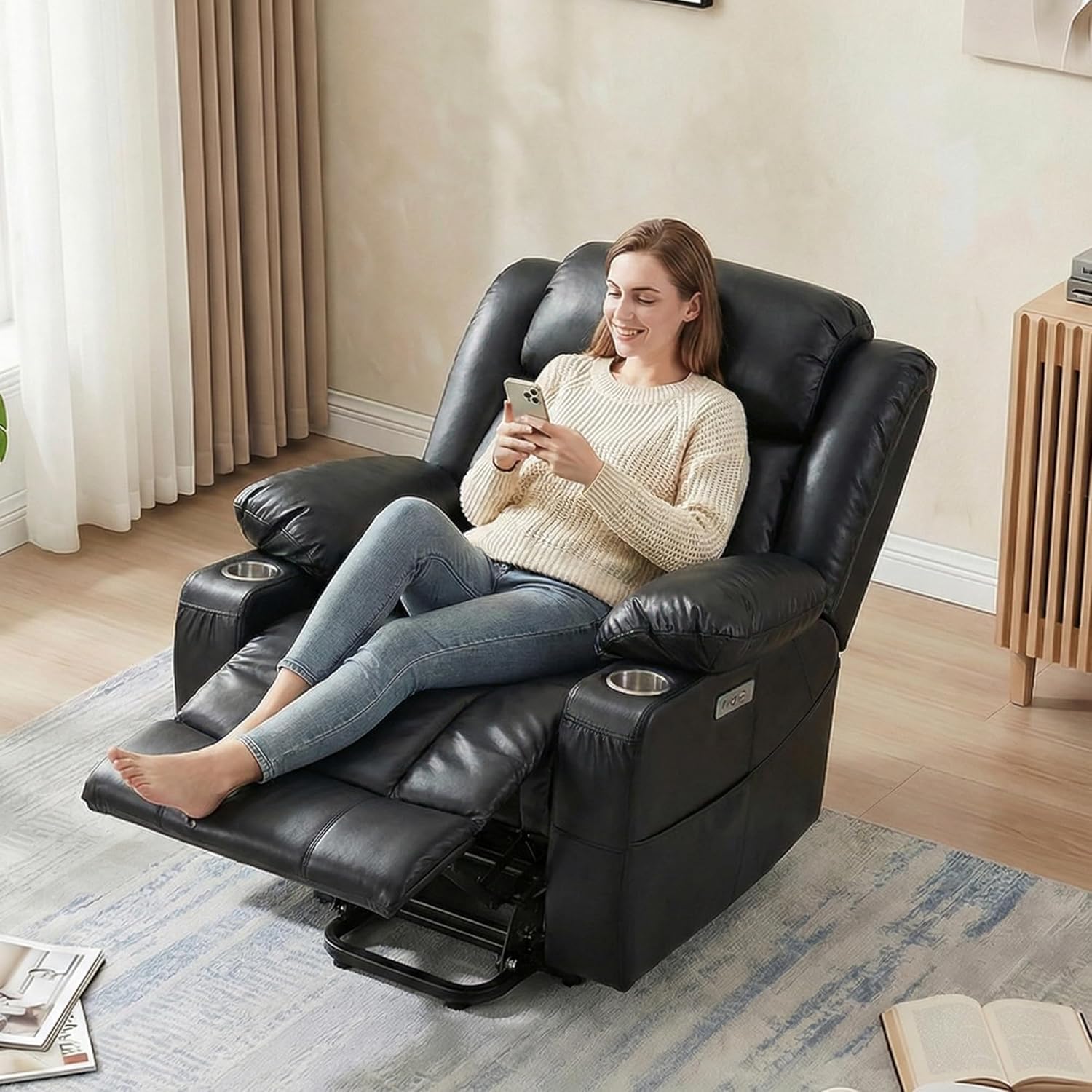 Oversized Power Lift Recliner with Massage and Heat for Elderly, Heavy Duty Reclining Chair, Faux Breathable Leather, Includes USB/Type-C Ports, 2 Cup Holders& Remote Control, Black