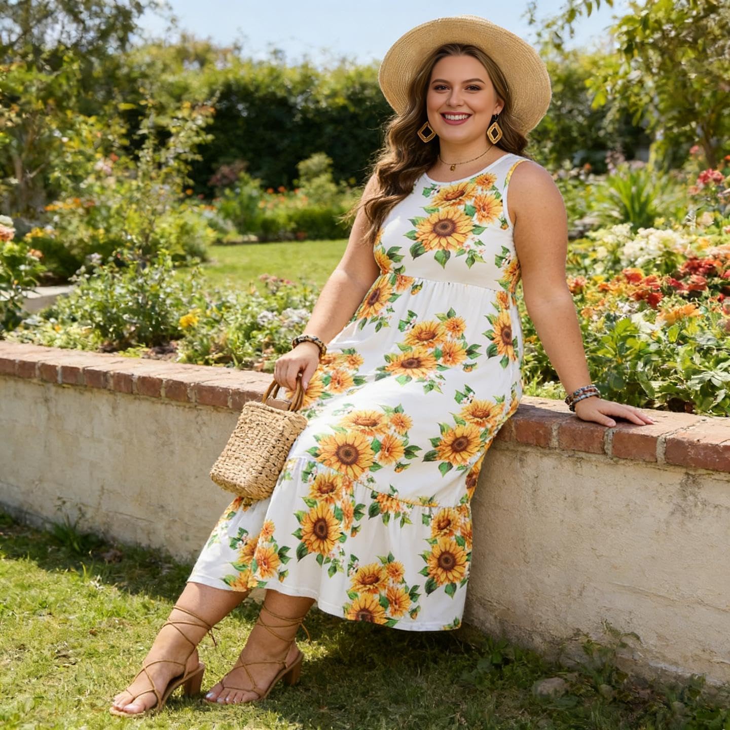 Moon Wood Women's Plus Size Sleeveless Summer Dress Crewneck Tank Casual Flowy Maxi Dress with Pockets Vacation Outfits