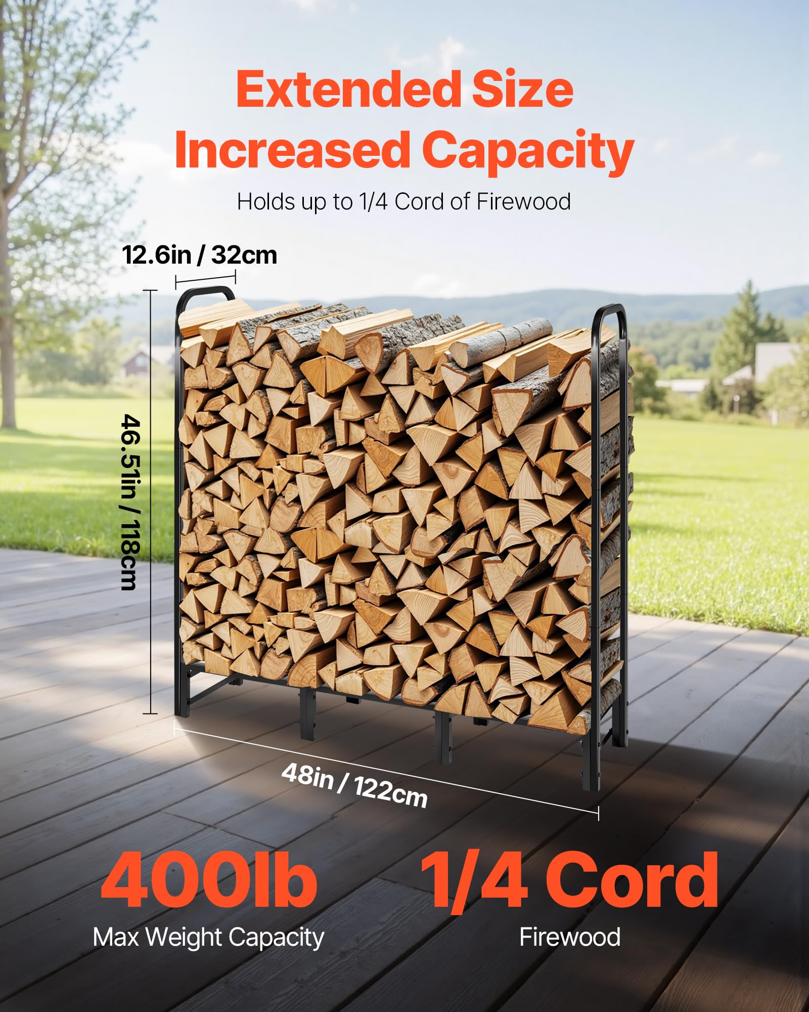VEVOR Support à bois de chauffage avec housse imperméable, range-bûches extérieur en métal, 1220 x 320 x 1180 mm, charge maximale 181,4 kg, couverture partielle, thermolaqué, pour terrasse, vérandas
