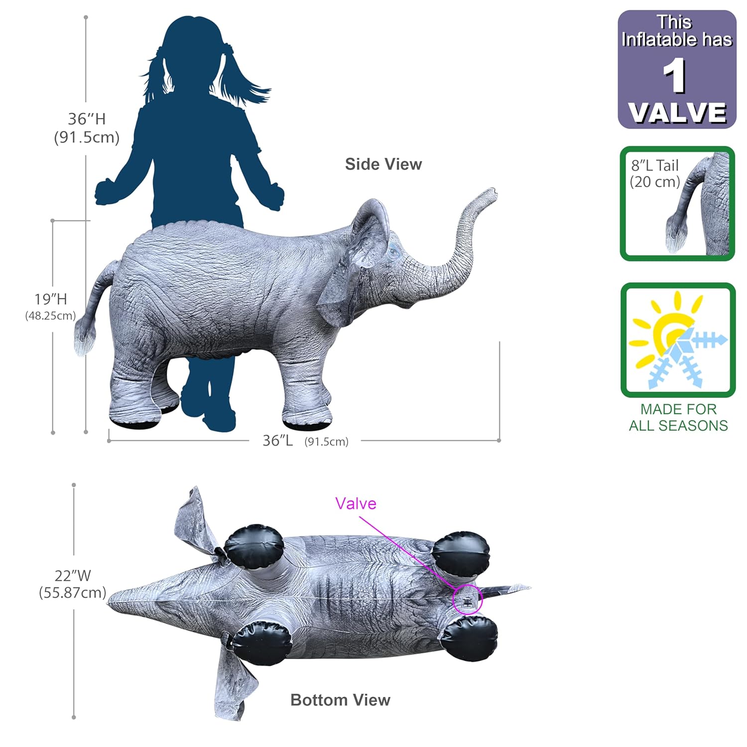 Jet Creations Elephant Inflatable Animal 36” Long, Toy for Ages 3 Year and up. African Wildlife Safari Theme Party, Birthday, Photo Prop, Christmas, Educational. Durable & Easy to Inflate. 1 pc