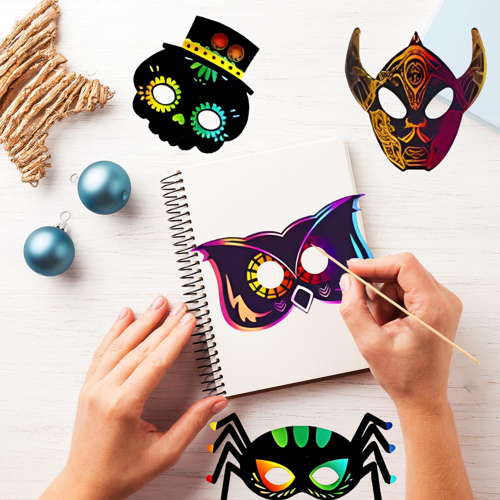 44PCS Mask Making Kit for Kids Rainbow Scratch Masks with Drawing Sticks Mask Strap Halloween Crafts for Kids Halloween Scratch Art for Decoration Game Party - Image 4