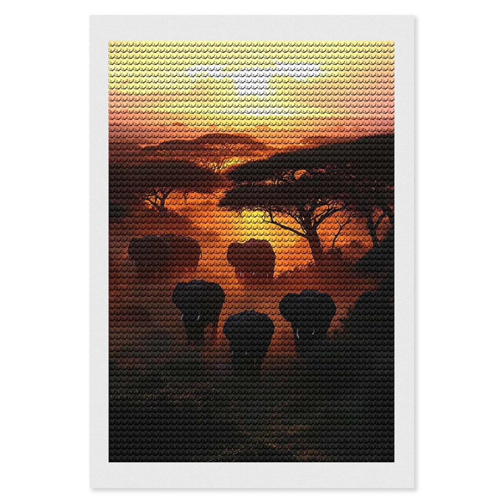 Junmoney Elephants at Sunset in African Savannah Diamond Painting Set 8"x12", Sparkling Round Gems, Decorate Your Room, Fun Craft Experience, Modern Decor