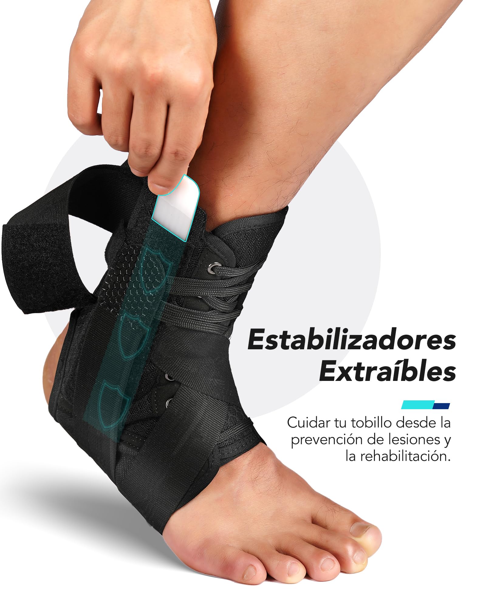 Fitomo Tobillera para Esguince, Tobillera Estabilizadora de Tobillo con Refuerzo Lateral Extraíble, Adjustable para Ambos Pies, Apto para llevar con Zapato, 1 Unidad