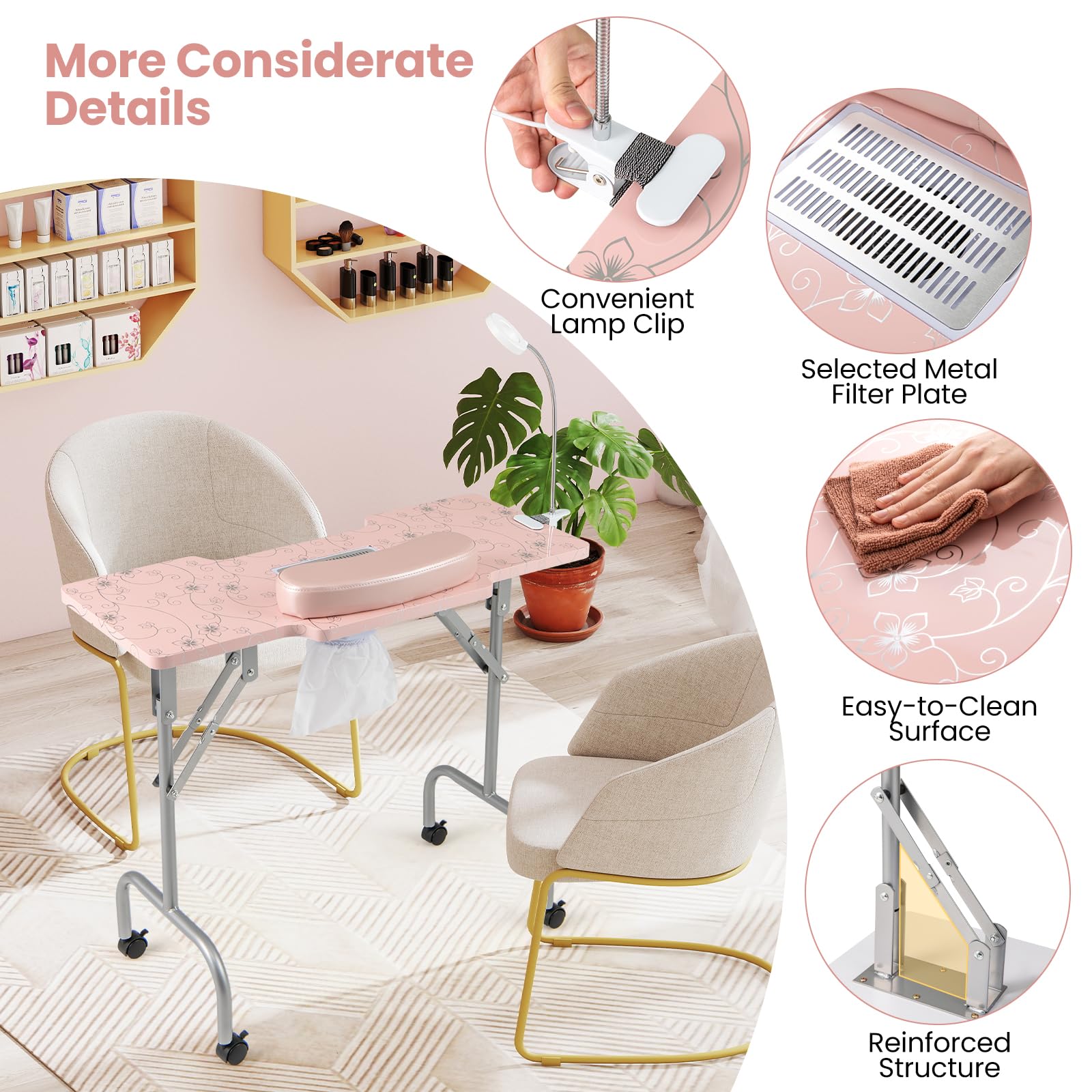 HOMASIS Tavolo Manicure con Aspirazione, Scrivania Unghie Pieghevole Portatile con Cuscino e Borsa Rosa