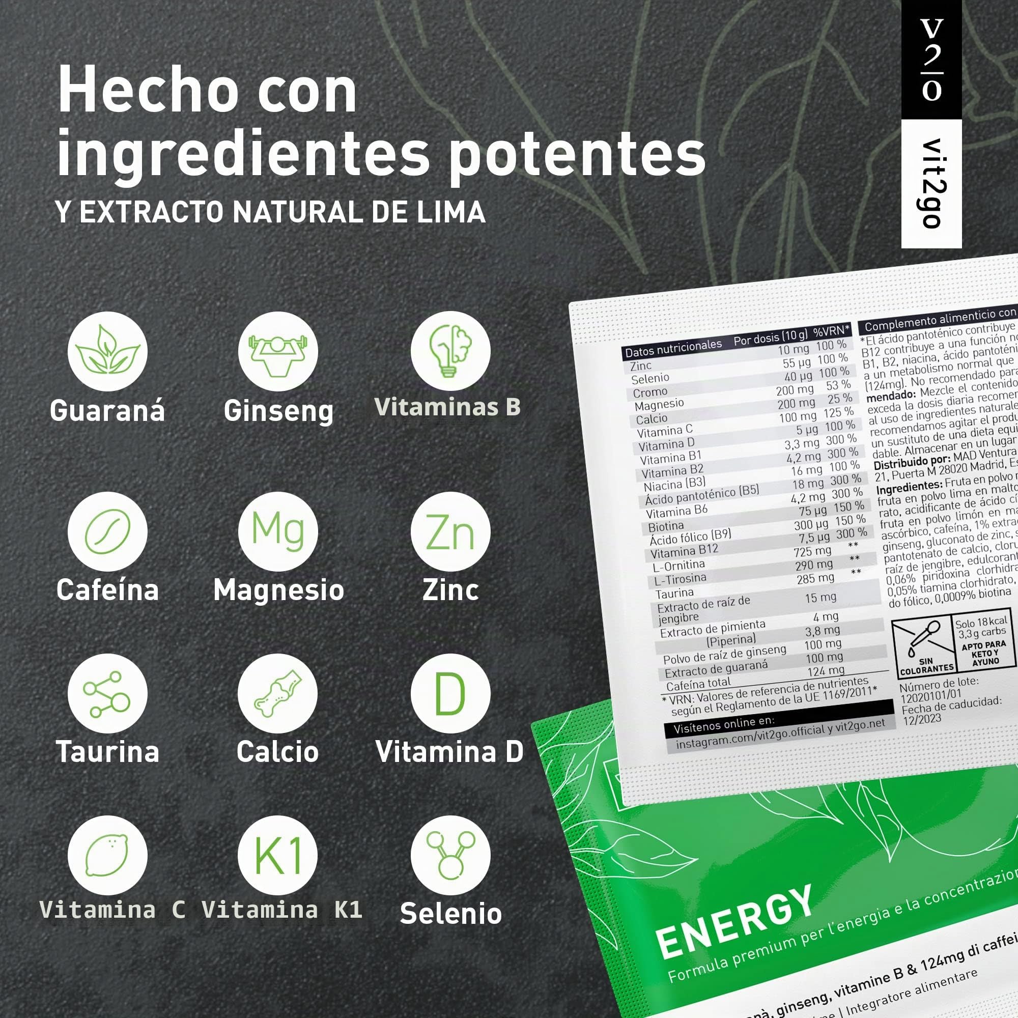 Vit2go ENERGY 10 sobres – Bebida energética natural con 124mg cafeína, guaraná y ginseng | Sin azúcar | Vitaminas B, magnesio y zinc | 100% Vegano