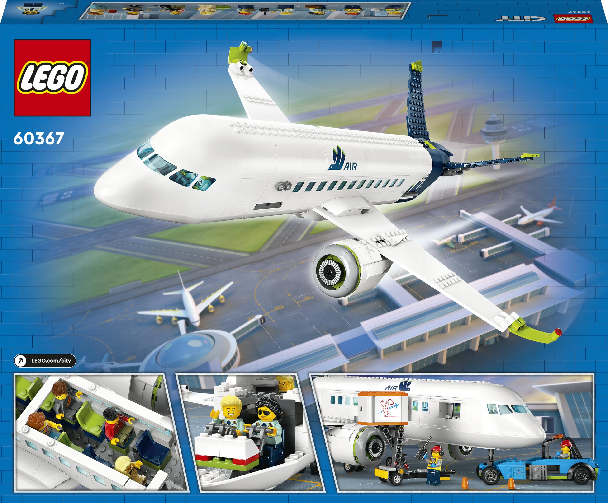 LEGO 60367 City Passagierflugzeug Spielzeug-Set, großes Flugzeug-Modell mit Fahrzeugen und 9 Minifiguren