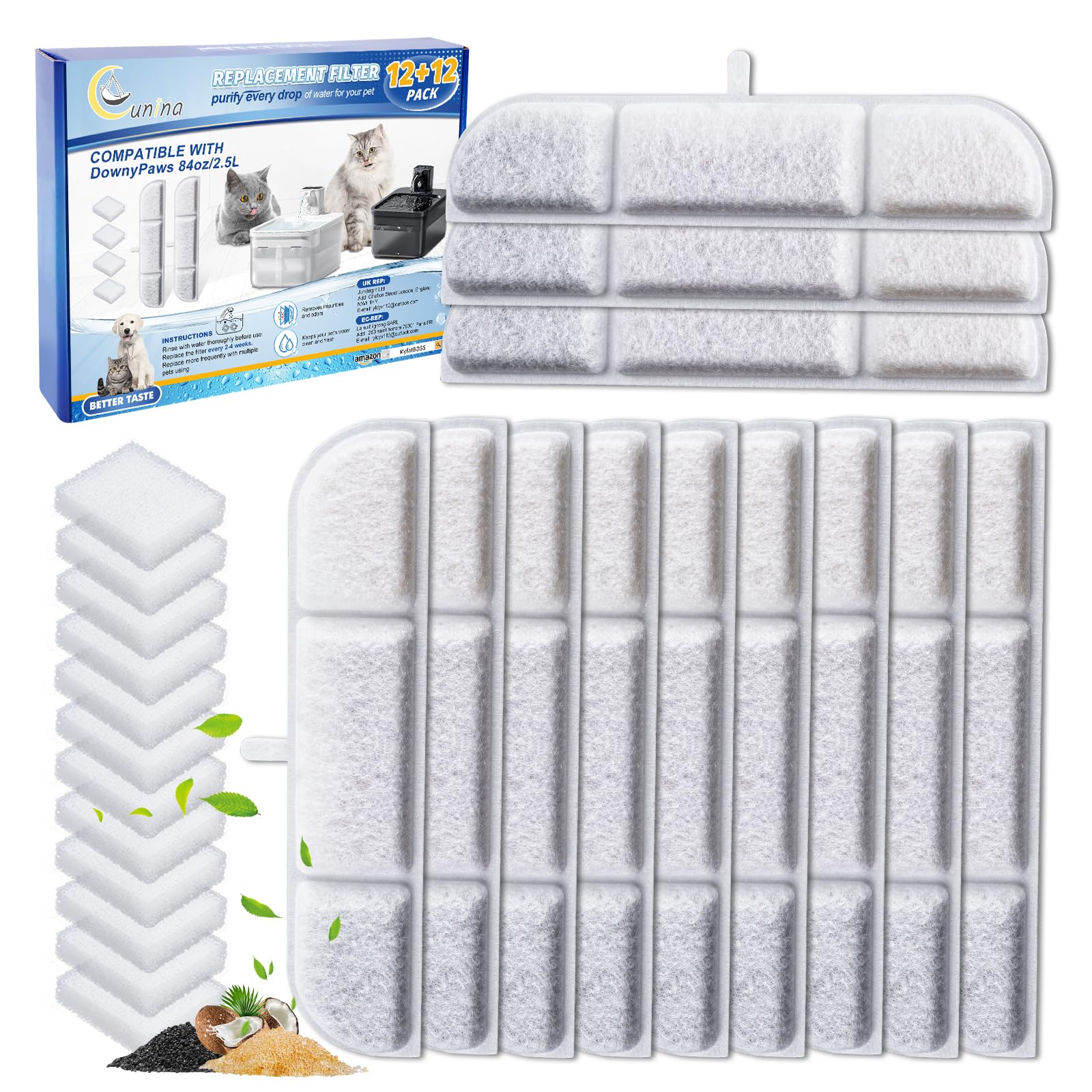 Cunina 12+12 Packs Replacement Filters Compatible with DownyPaws Wireless Cat Water Fountain 84oz/2.5L,Cat Fountain Filter for Battery Operated Cat