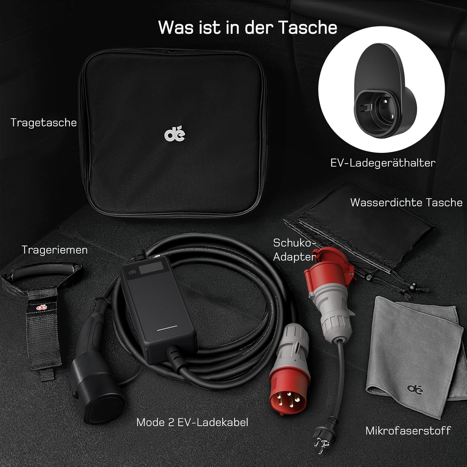 Contents of the dé Mobile Wallbox package, including charger, bag, strap, cloth, and adapter