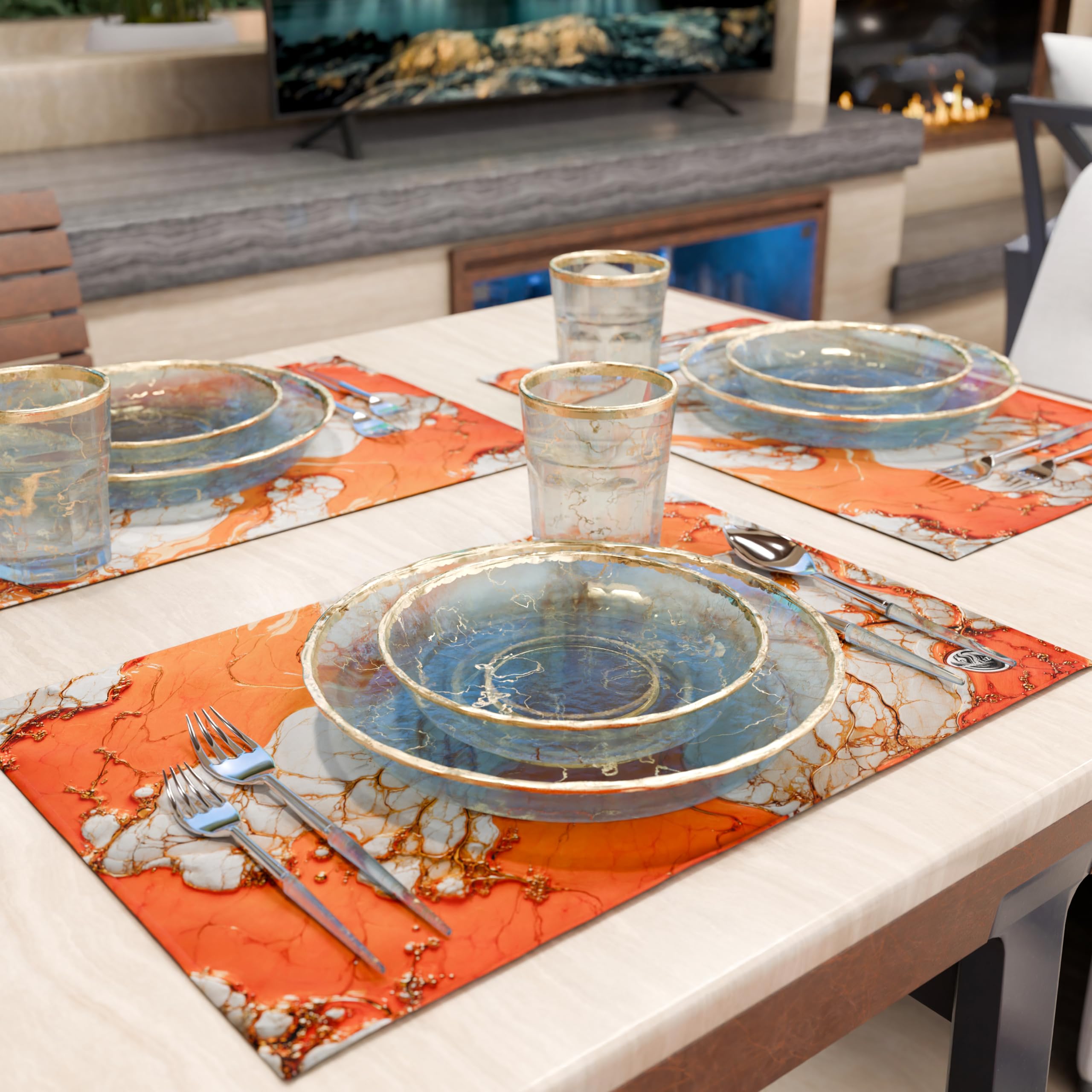 MARBLELIZED, Washable American Placemats, Orange Marble Effect Fabric Placemats, Set of 2 (30 x 45 cm), Elegant - Image 2