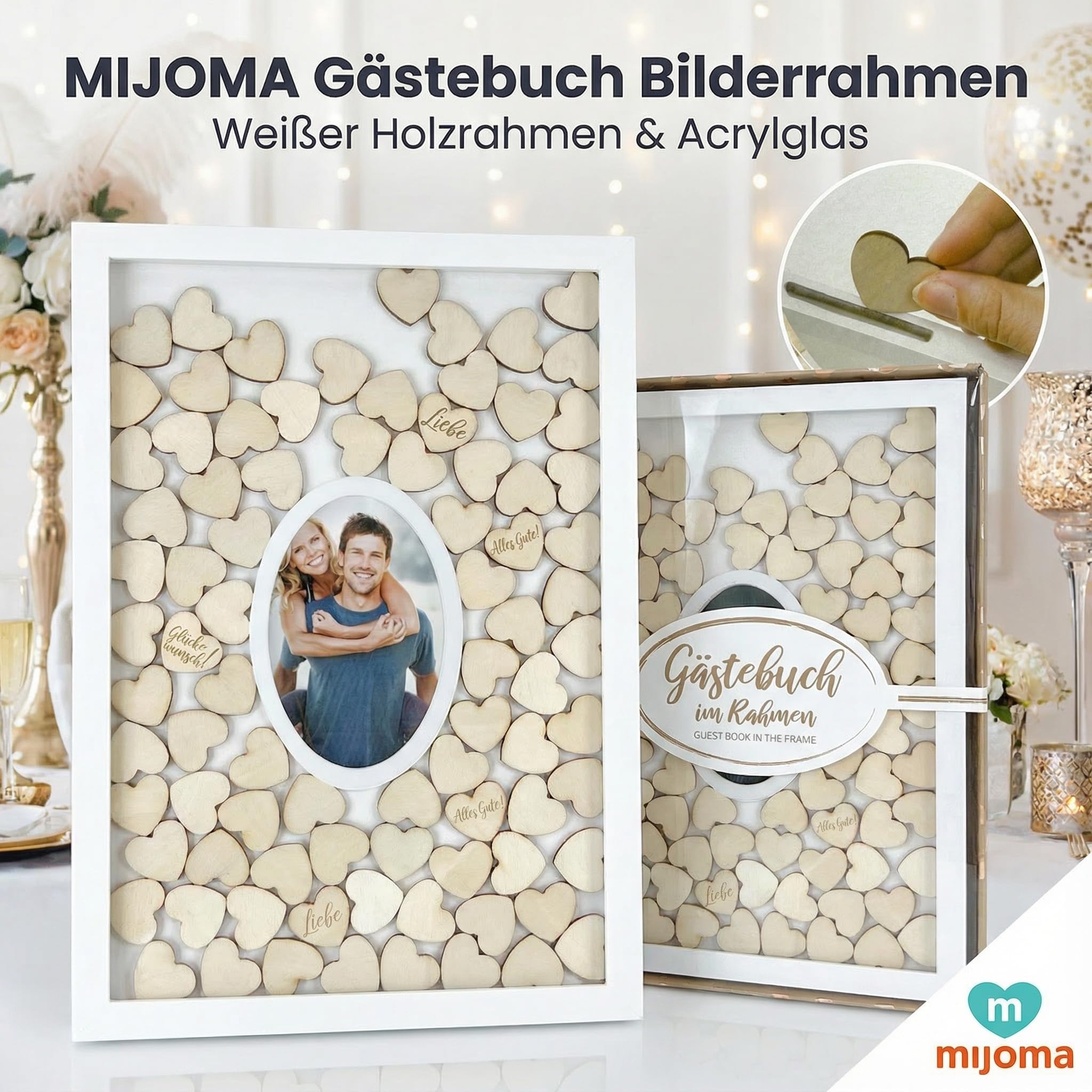 MIJOMA Cadre photo pour livre d'or – Cadre en bois blanc avec 72 cœurs en bois à écrire – Alternative au livre d'or pour mariage, baptême, anniversaire, décoration, souvenir à suspendre