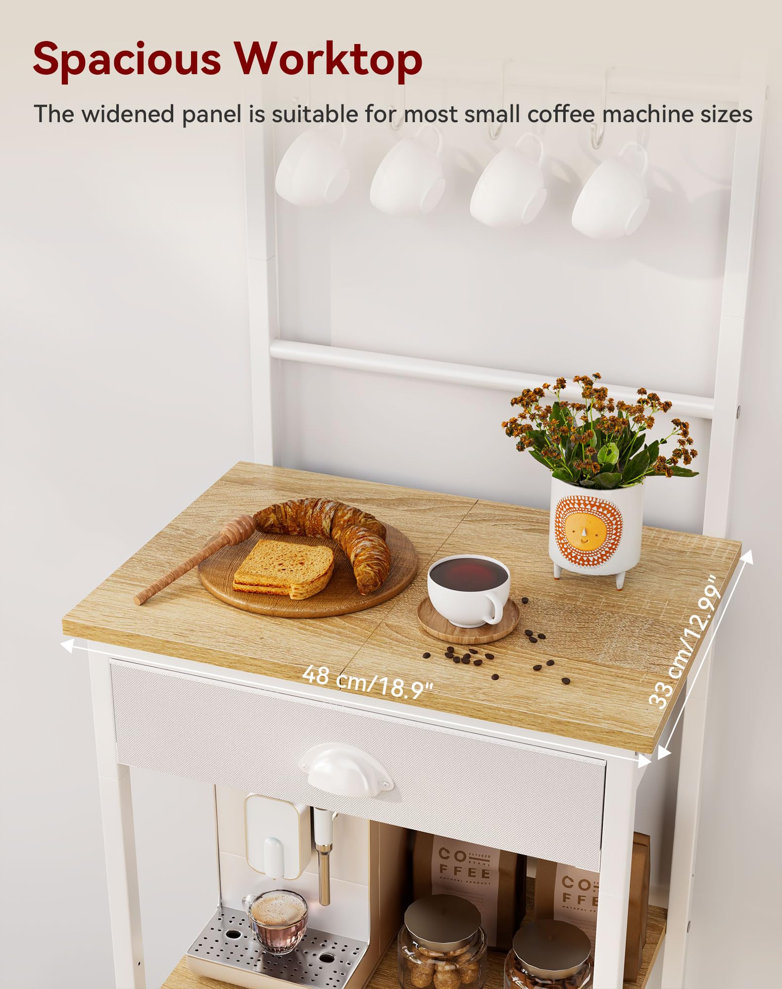 YMYNY Étagère de Cuisine, Porte-Café en Bois à 5 Niveaux, Rangement pour Machine à Café, Organisateur avec 8 Crochets, Tiroirs en Tissu, pour Salon, Bureau, Naturel HBR009R