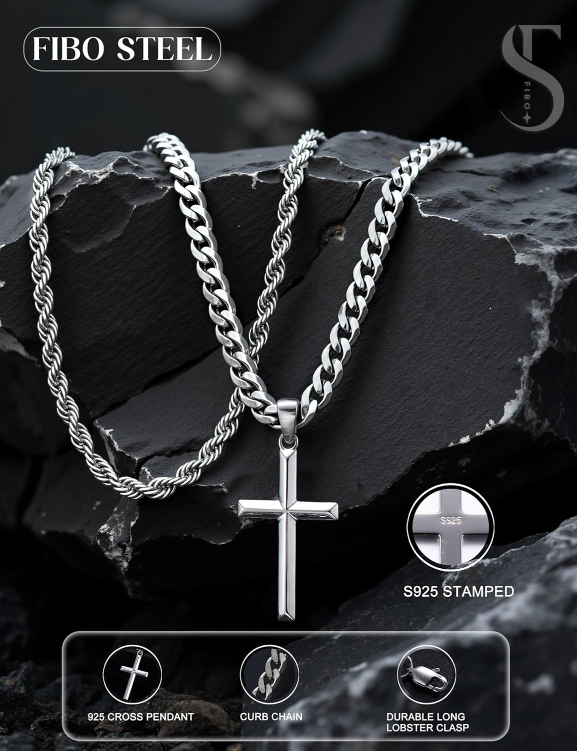 925 Sterling Silver Cross Necklace for Men - Layered Cross Pendant Necklaces Waterproof Stainless Steel Cuban Link Rope Chain Silver Necklace Stack Jewelry with Gift Box 16-30 Inches - Image 4