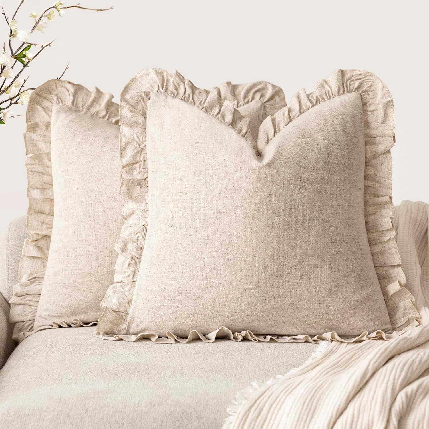 Foindtower Set of 2 Decorative Soild Fringe Ruffle Throw Pillow Covers Soft Boho Farmhouse Cushion Cover Cozy Accent Retro Pillowcase for Couch Sofa Bed Living Room Home Decor,22×22 Inch,Natural Beige