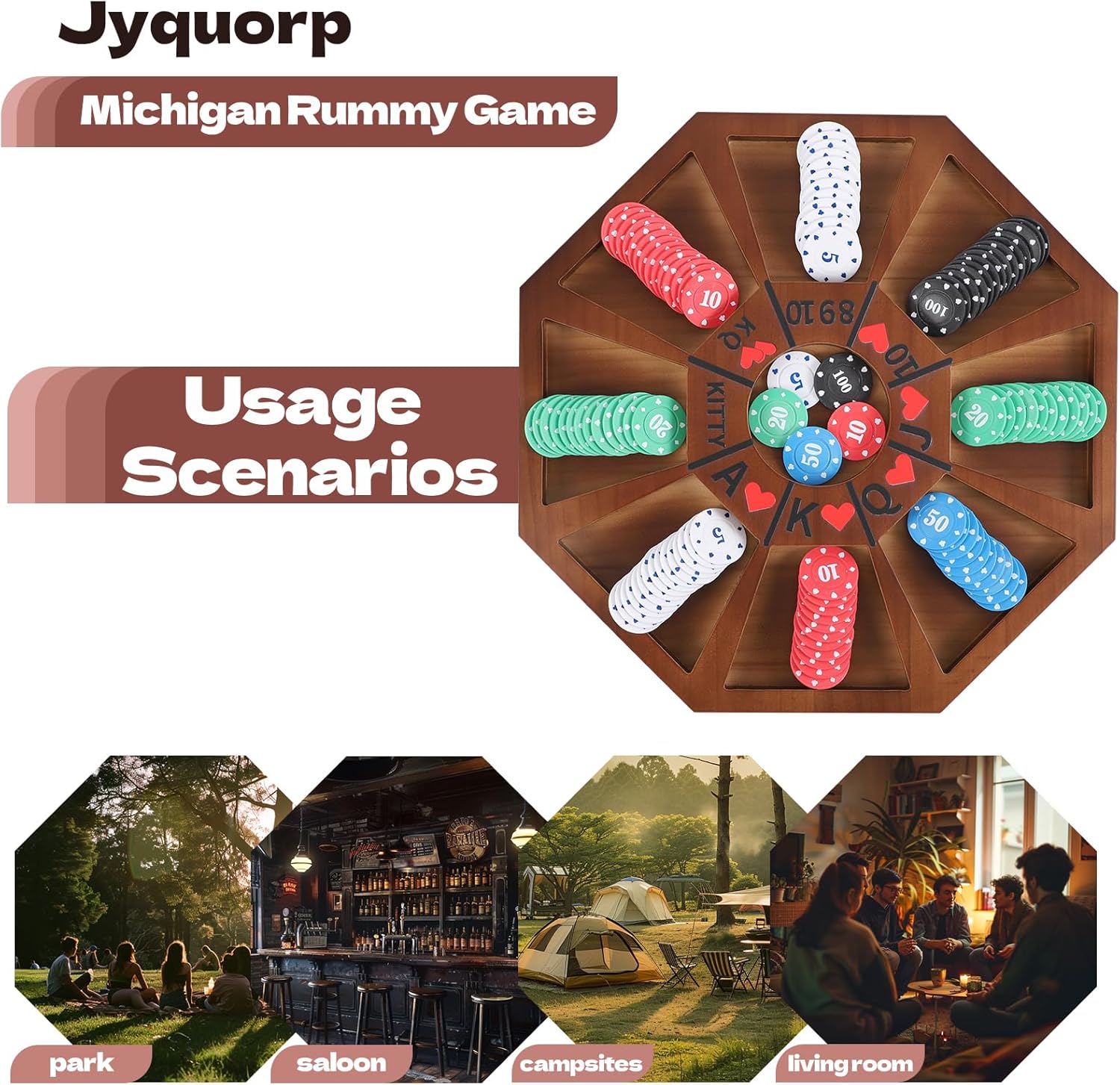 Jyquorp Michigan Rummy Board Game Deluxe Set Perfect Blend of A Royal Game of Hearts Rummy Poker Wooden Tripoley Game Betting Bluffing Classical Family Card for 100 Chips (Walnut -Medium)