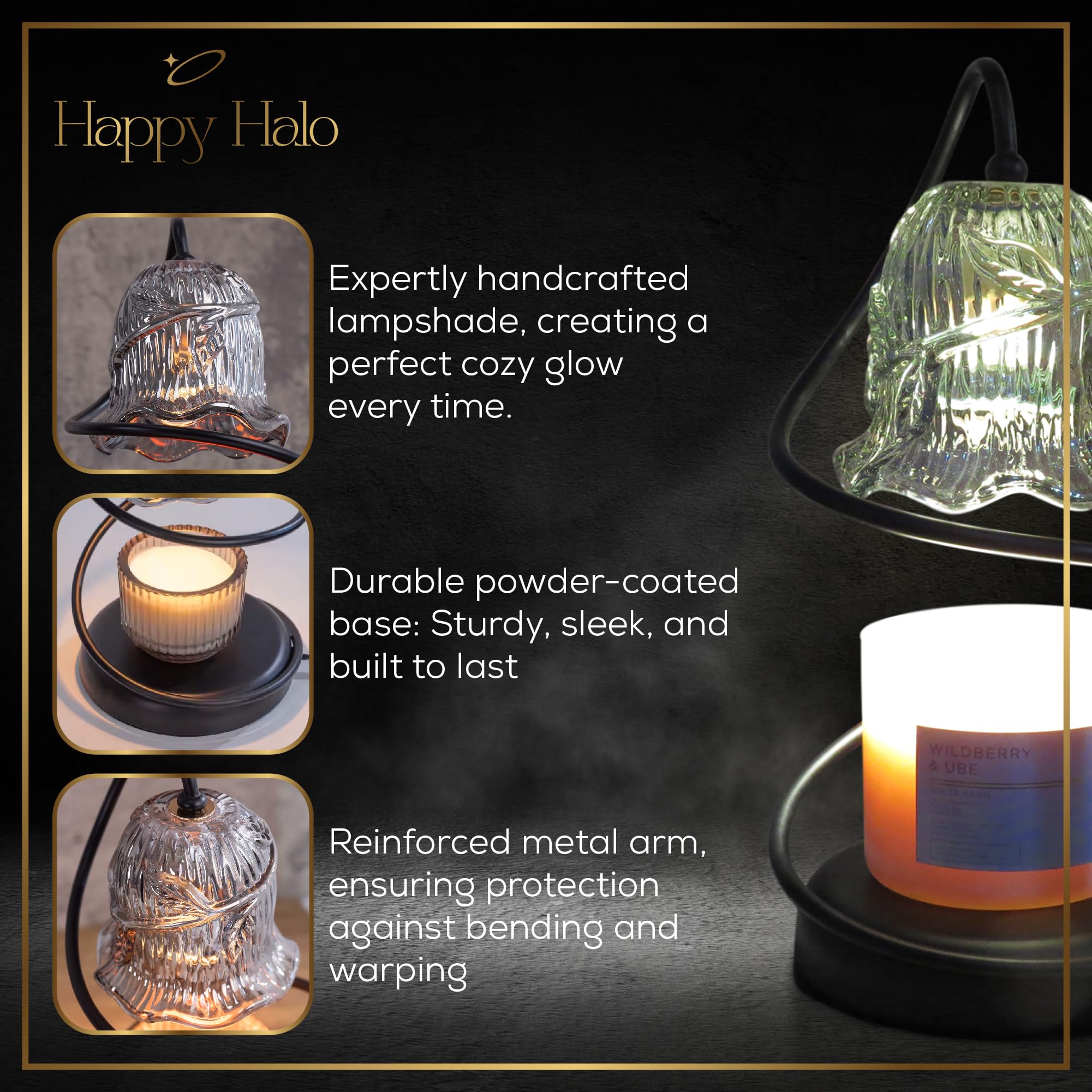 Happy Halo Candle Warmer Lamp with Dimmer & Timer, 2 Bulbs + Bonus Candle Trays – Candle Lamp Warmer for Jar Candles, Gifts for Women, Bedroom Decor, Housewarming Gift, Vintage Aesthetic