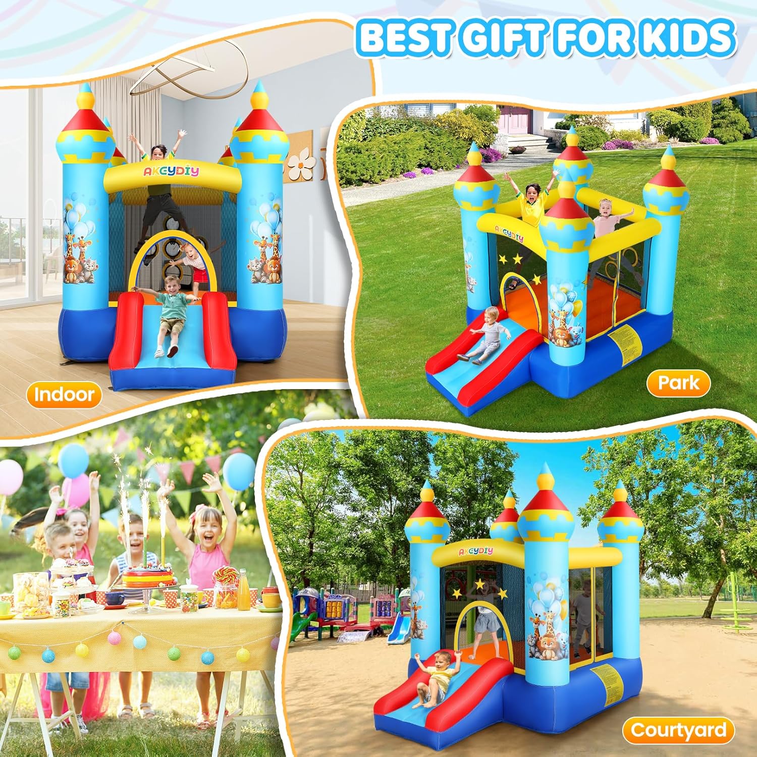 AKEYDIY Inflatable Bounce House,Kids Bouncy Castle for 2~10, 8.9 ft L x 5.9 ft W x 6.9 ft H Indoor/Outdoor Bouncy House with 470W Blower,Pastel Bouncer Slide with Safety Net,Basketball Rim&Fun Toys