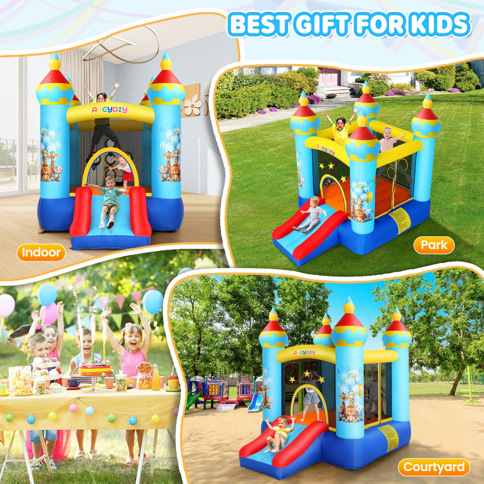 AKEYDIY Inflatable Bounce House,Kids Bouncy Castle for 2~10, 8.9 ft L x 5.9 ft W x 6.9 ft H Indoor/Outdoor Bouncy House with 470W Blower,Pastel Bouncer Slide with Safety Net,Basketball Rim&Fun Toys
