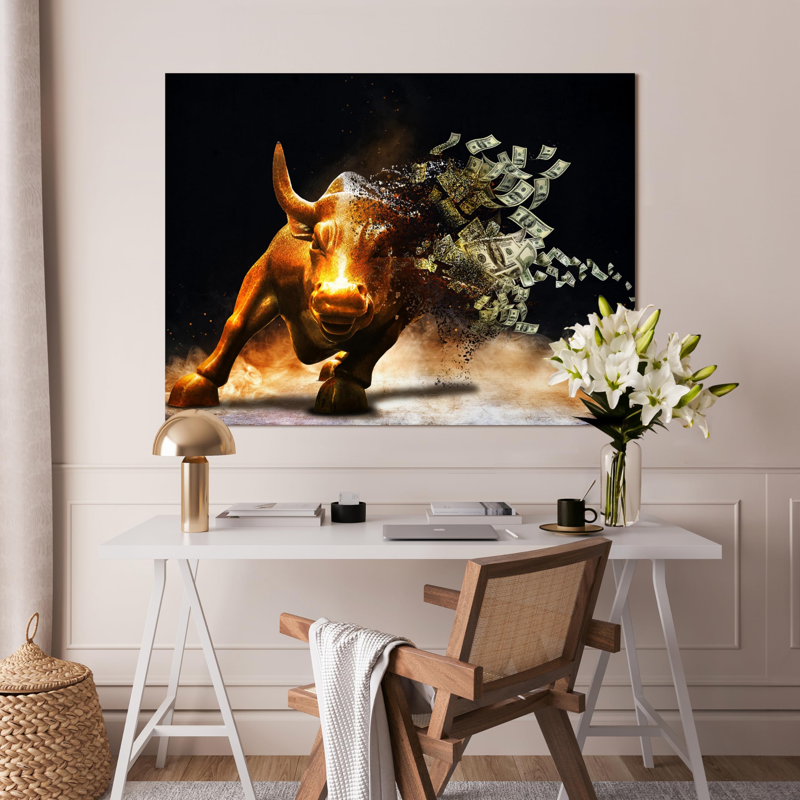 wandmotiv24 Leinwandbild Motivation, Querformat, Stier Moneybull M0133
