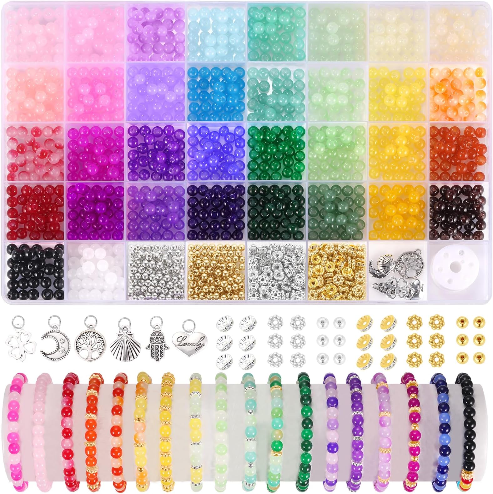 Funtopia 1402 Pcs Glass Beads for Bracelet Making 6mm, 34 Colors Crystal Gemstone Beads Imitative Jade Beads for Jewellery Making Coloured Big Hole Beads for Bracelet Necklace Phone Chain DIY Crafts