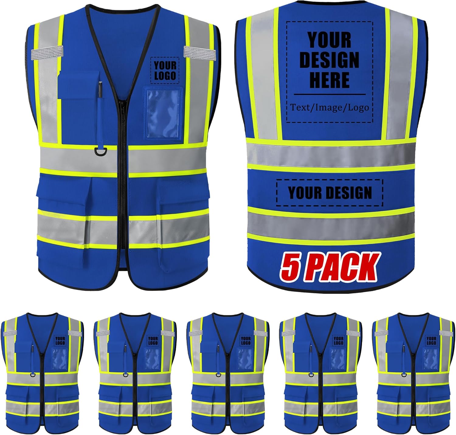 Custom Safety Vest, High Visibility Reflective Personalized Vest with Logo and Pockets for Men Women Construction