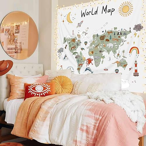 Miniatura 9 de Imirell Tapiz de mapa del mundo para niños, 59 pulgadas de ancho x 51 pulgadas de alto, lindo animal de dibujos animados, herramienta de aprendizaje