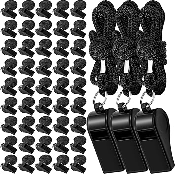 48 Pack Plastic Whistles,Coach Whistle with Lanyard,Black Sports Whistle Referee Whistle,Loud Crisp Sound Whistles Bulk for Coaches Referees Emergency Soccer Training