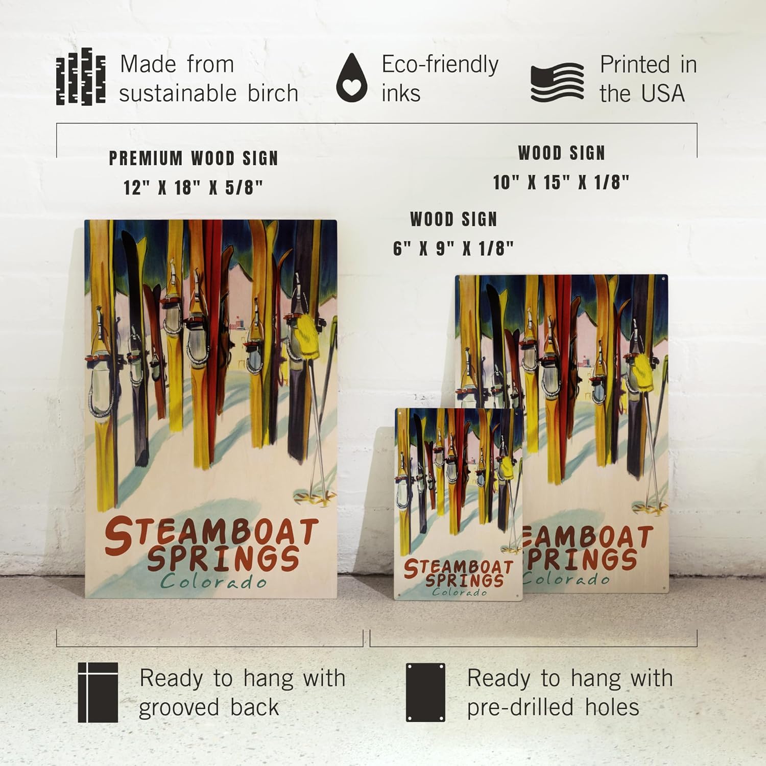 Lantern Press 12x18 Inch Premium Wood Sign, Ready to Hang Wall Decor, Steamboat Springs, Colorado, Colorful Skis