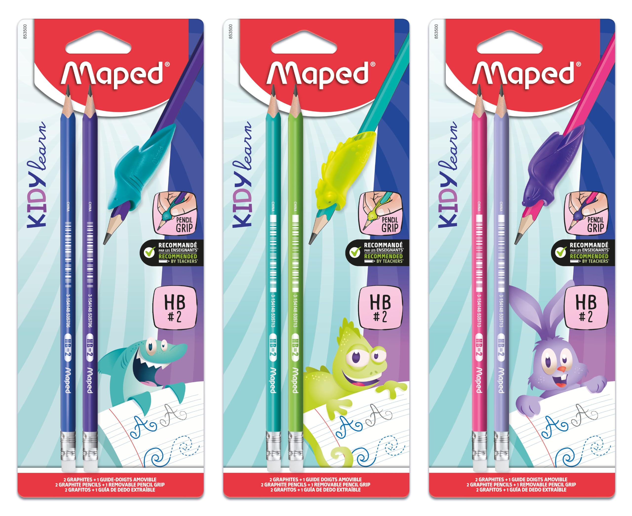 Maped Kidy Learn Writing Set - 2 pencils + 1 removable finger guide - Ergonomic Finger Guide in soft touch material - Learning tool for graphite pencils - School Supplies