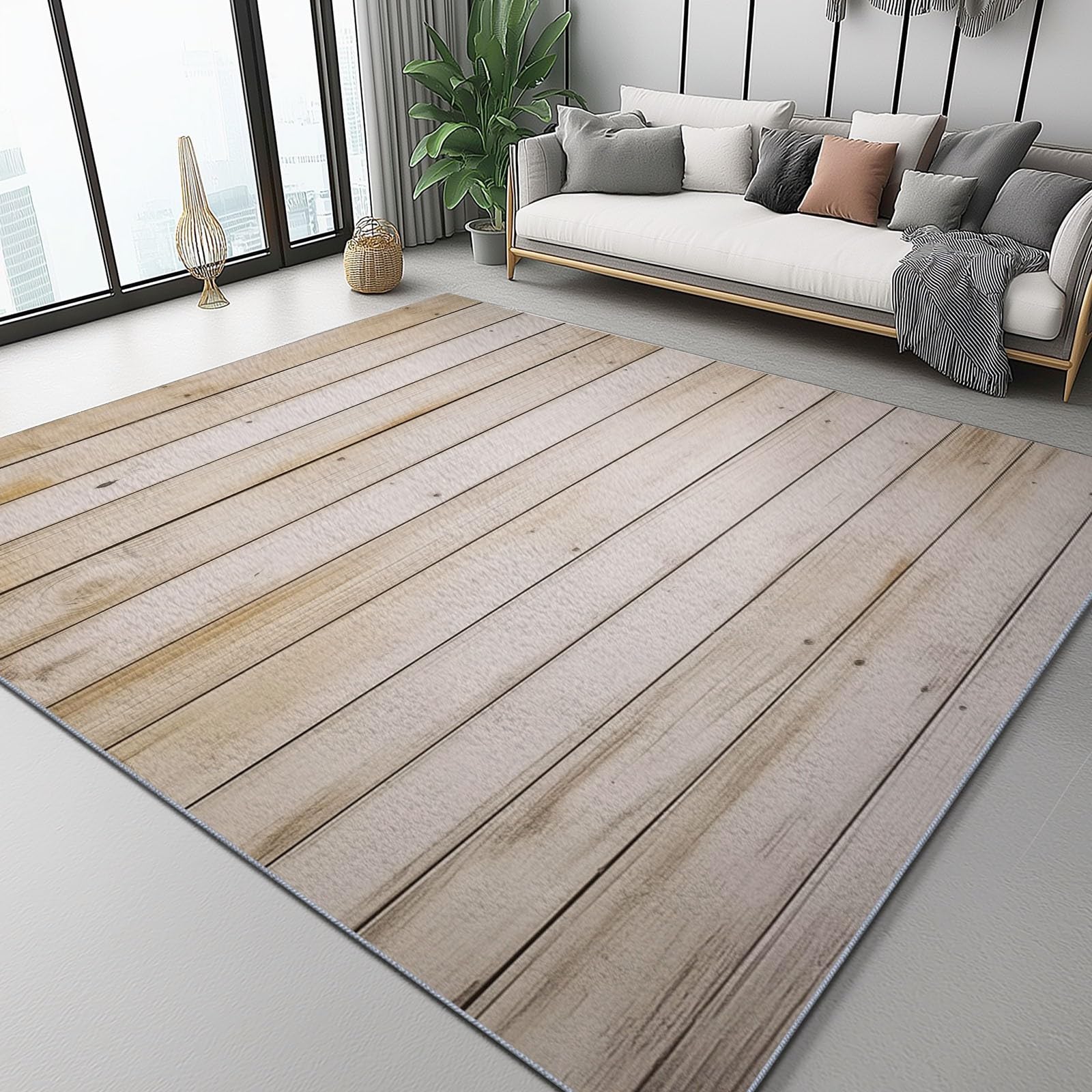 Tapis rectangle 140x200 cm lavable en machine effet texture bois doux en cachemire