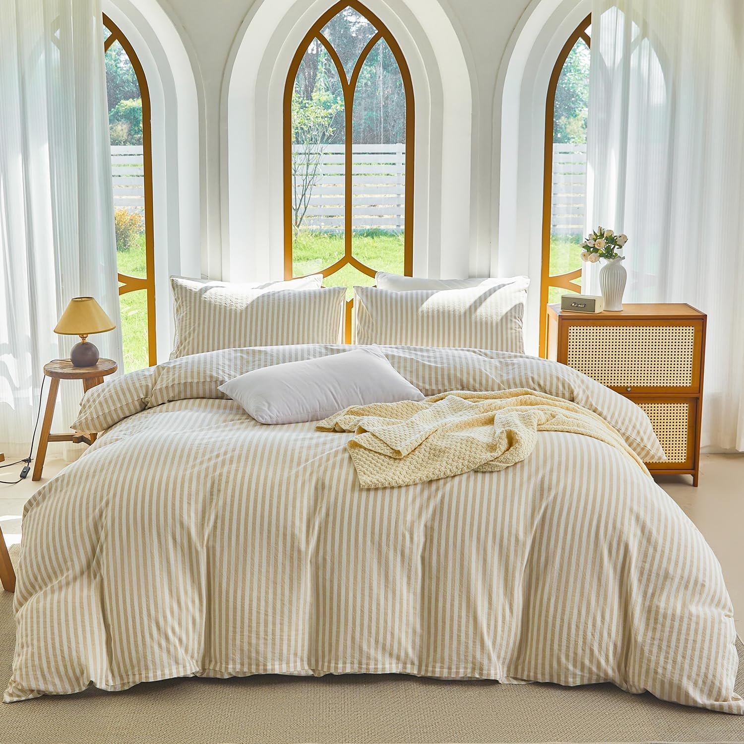 Striped Duvet Cover Set Full Size 100% Washed Cotton Linen Feel Natural Wrinkle Comfy Lightweight Bedding Set (Full, Double Stripe-Blue/White)