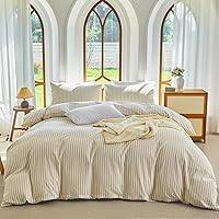 Vista 1 de Juego de funda de edredón a rayas tamaño Full 3 piezas 100% algodón lavado con textura parecida al lino natural arrugado cómodo transpirable
