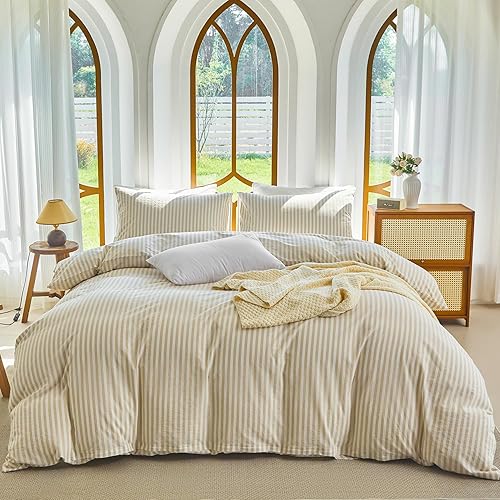 Juego de funda de edredón a rayas tamaño Full 3 piezas 100% algodón lavado con textura parecida al lino natural arrugado cómodo transpirable (Full,