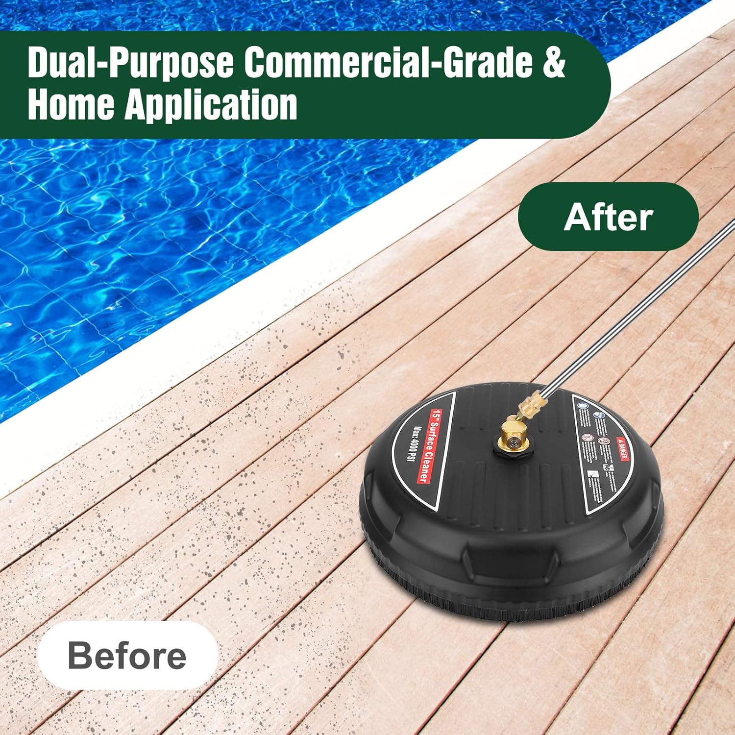 15" Pressure Washer Surface Cleaner with 1/4" Quick Connector, 2 Extension Wands and 2 Replacement Nozzles for Concrete, Patio, Sidewalk, Deck and Driveways, 4000 PSI Max