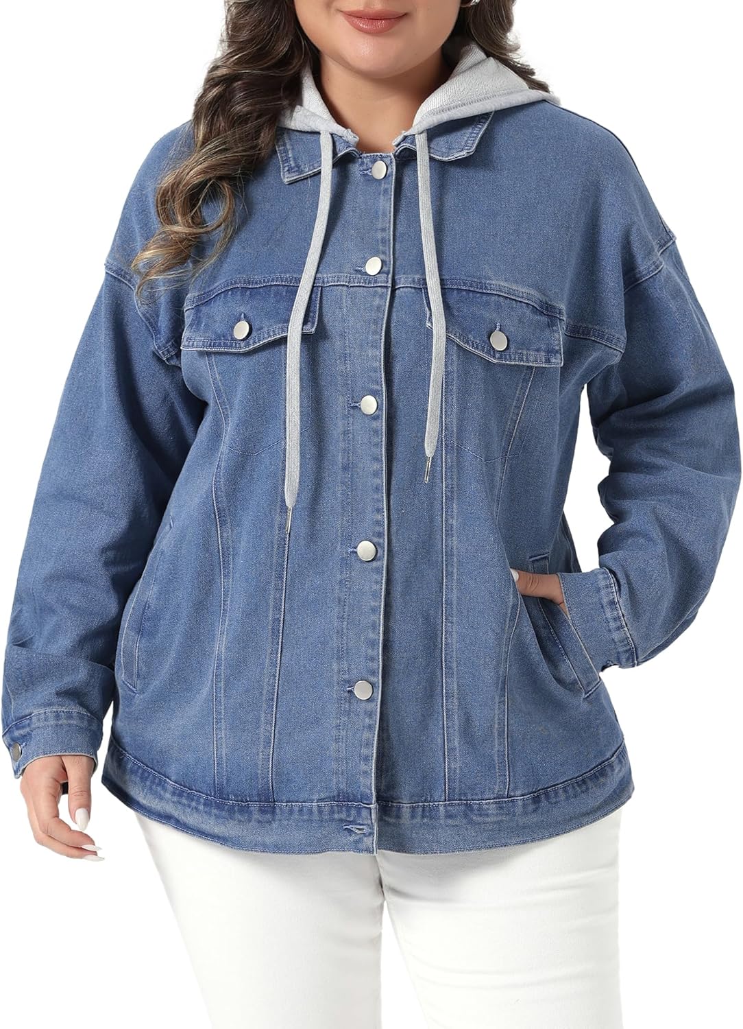Agnes Orinda Women's Plus Size Denim Jacket with Detachable Hood Oversized Jean Shacket Jackets with Pockets