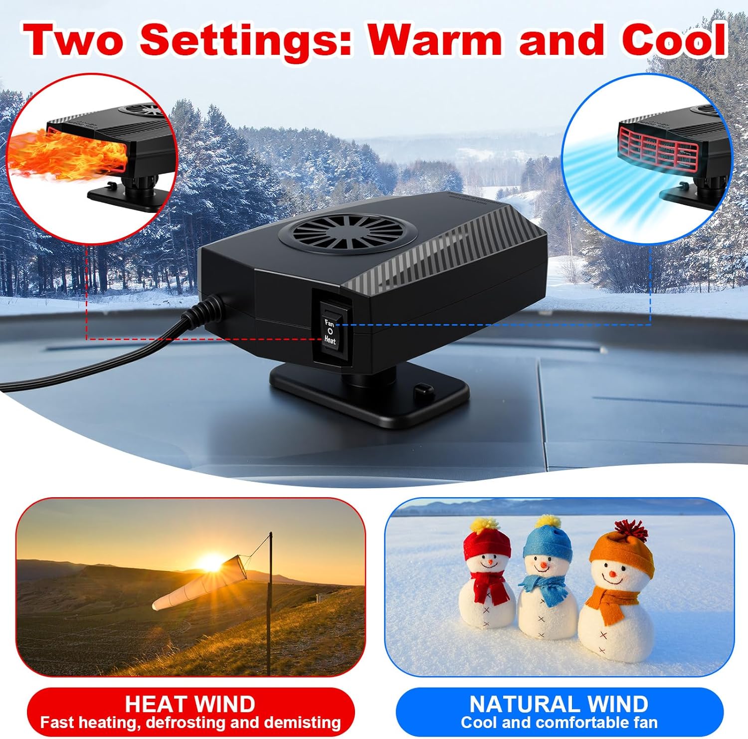 BBTO 2 Pcs Portable Car Heater for Vehicle, 12V 150W Car Heater That Plugs into Cigarette Lighter, 2 in 1 Fast Heating or Cooling Auto Fan Windshield Defogger and Defroster 360° Rotary(Black)