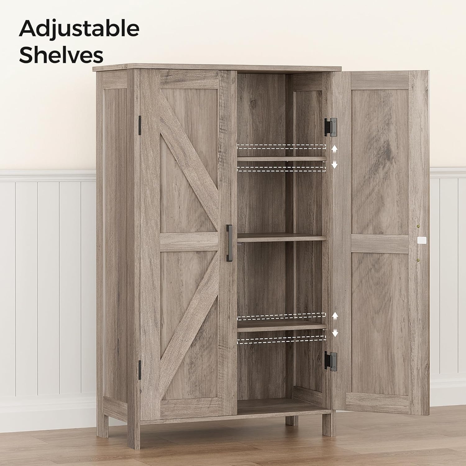 Homleke Farmhouse Bathroom Cabinet with Adjustable Shelves, Free-Standing Storage Cabinet with Barn Doors, for Kitchen, Living Room, Dining Room, Entryway, Greige