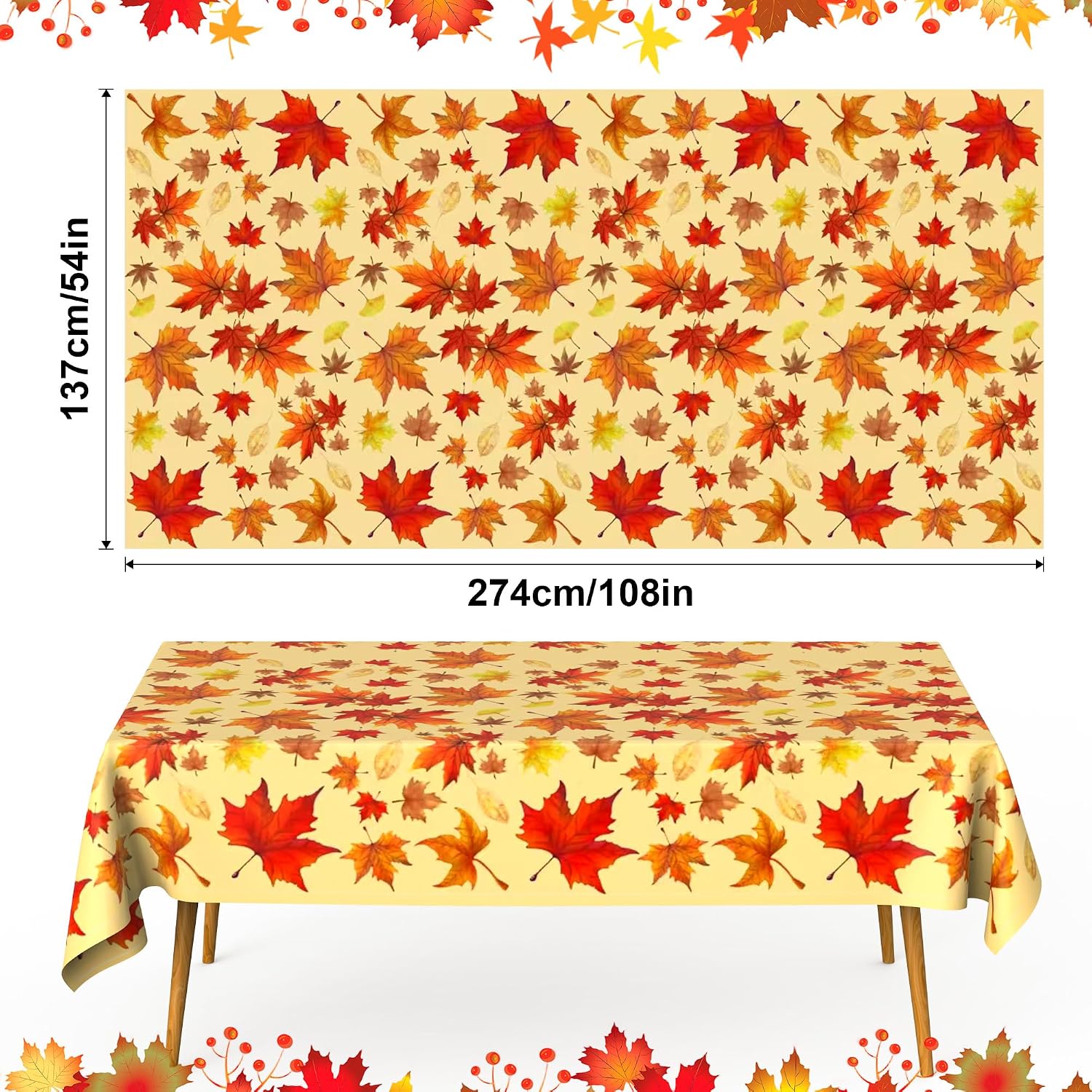 Thanksgiving Tablecloth Plastic, Fall Tablecloth, 2 Pack Disposable Table Cloth Table Decor Autumn Maple Leaf Rectangle Tables Cover for Autumn Fall Thanksgiving Home Party Decorations 54" x 108"